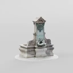 "Victorian Fountain Photo-Scan: a low-poly 3D model with fully unwrapped 2k PBR textures, perfect for Blender 3D. This intricately designed fountain features a statue and monochrome cell-shaded graphics, capturing the beauty of parks and monuments."