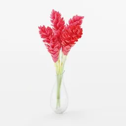 "Opuhi vase with vibrant tropical red flowers on a white surface, rendered in Blender 3D software. Transparent glass showcases the beautiful bouquet, creating a stunning redshift render. Perfect for use in 3D modeling and interior design."