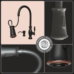 "Kitchen Faucet: A detailed, award-winning 3D model for Blender 3D. This real-scale, subdividable faucet features a black finish and comes with empty object helpers for easy rigging and customization. Perfect for adding realistic kitchen elements to your 3D scenes."