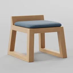 Detailed 3D model of a wooden chair with blue cushion for Blender rendering, perfect for garden furniture design visuals.