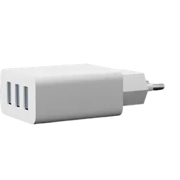 Realistic 3D model of a USB A wall charger with multiple ports for charging electronic devices.