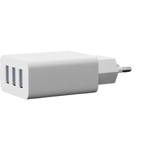 Realistic 3D model of a USB A wall charger with multiple ports for charging electronic devices.