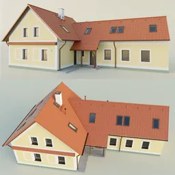 Detailed low poly Czech village house 3D model with interiors, optimized for Blender.