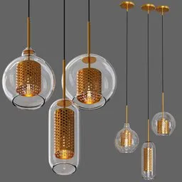Elegant 3D-rendered glass pendant lights in varying shapes for contemporary interior design, created using Blender 3D.
