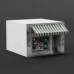 Detailed Blender 3D model of an old-fashioned small shop with textured storefront and awning.