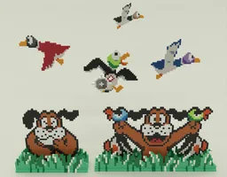 Voxel art of Duck Hunt dog and ducks in a 3D scene, perfect for Blender and gaming enthusiasts.