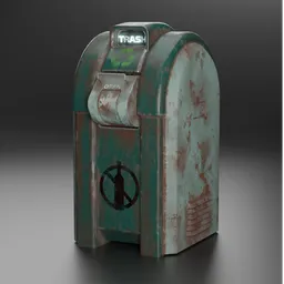 "3D model of an outdoor trash can with a no trash sign, inspired by Chica Macnab's artwork. Created in Blender 3D, perfect for adding detail to outdoor furniture scenes or Fallout-style concepts. Detailed skin and concept design by the user." #Blender3D #OutdoorFurniture #TrashCanConcept