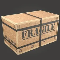 "Lowpoly Chipboard Cargo Box 3D model - perfect for industrial container scenes in gaming or 3D rendering. Comes with a wooden texture and sticker design, characterized by a fragile figure and fractal skin. Created using Blender 3D software."
