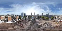 360-degree panorama HDR featuring urban decay with clear skies, perfect for realistic lighting in 3D scenes.