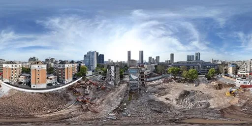360-degree panorama HDR featuring urban decay with clear skies, perfect for realistic lighting in 3D scenes.