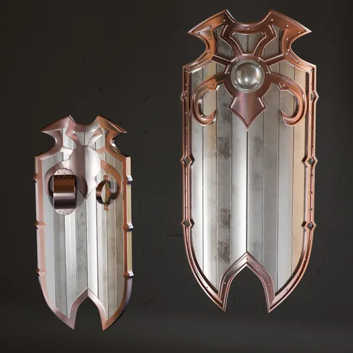 3D render of a metallic medieval shield with high-quality textures, suitable for Blender modeling in war game designs.