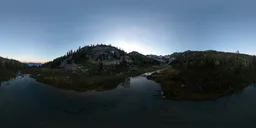 360-degree HDR panorama of tranquil twilight over a serene Canadian mountain landscape with clear skies and reflective water.