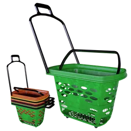 Colorful 3D shopping basket model with handles and wheels, compatible with Blender for retail scenes.