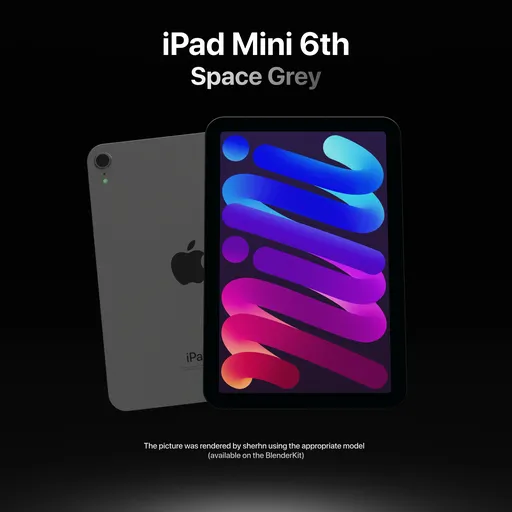 Realistic 3D model of iPad Mini 6 in Space Grey with Retina display and accessories, rendered in Blender.