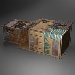 "Slum Space 3D model for Blender 3D - A realistic depiction of a war-torn, nomad-inspired wooden building with corrugated hose and food stalls. Experience the gritty textures of a dystopian world with this official product image. Witness the lack of privacy and security faced by slum residents in this portrayal."