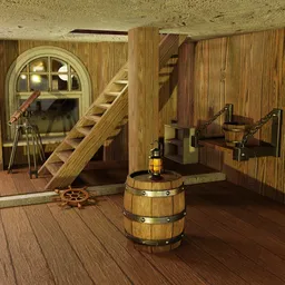 Detailed 3D model of a pirate ship's lower deck interior with various textured objects, crafted in Blender.