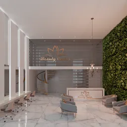 Elegant 3D-rendered beauty salon interior, with modern furnishings and vertical garden, for Blender creative design.