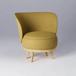 "Stylish old armchair 3D model for Blender 3D - yellow chair with wooden base and cushion, rendered in Octane. Featuring a swirly design, sharp nose with rounded edges, and ruffled fabric. Inspired by Toss Woollaston, this high-quality 3D furniture design by Dave Allsop is perfect for your Blender 3D projects."