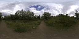 360-degree HDR panorama of a serene walking trail with lush greenery and expansive cloudy skies for realistic lighting in 3D scenes.