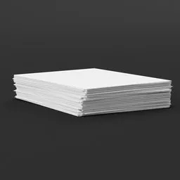 "3D model of a stack of white paper on a black surface, perfect for office scenes in Blender 3D. This professional, high definition model features clean and crisp shapes, isolated on a white background. Ideal for creating realistic office environments with stacks of blank paper and an open book."