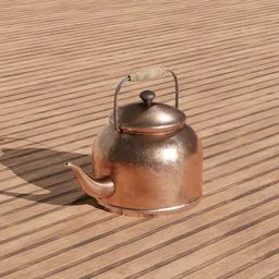 Realistic 3D copper kettle model with vintage design, rendered in Blender, suitable for historic kitchen settings.
