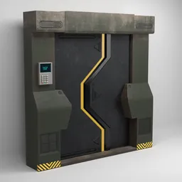 Detailed 3D model featuring a futuristic industrial door with keypad, yellow accents, ideal for Blender rendering.