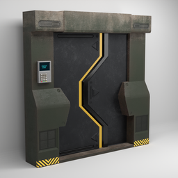 "Scifi Rustic Industrial Door 3D model for Blender featuring a phone and door handle. Perfect for sci-fi projects and inspired by Milton Menasco. Includes details such as a lift-shaft, military storage crate, and oven."