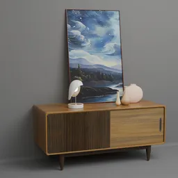 Detailed 3D model of a console side table with drawer, painting, vase, and lamp in Blender format.