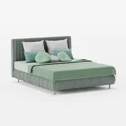 Detailed 3D model of a modern green bed with pillows for Blender 3D rendering and design.