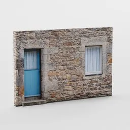 Ultra low-poly 3D house facade, photorealistic texture, Blender-compatible model, featuring a blue door and stone wall.