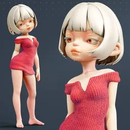 Stylized Girl in Red Knit Dress