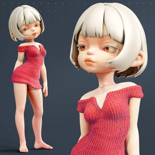Stylized Girl in Red Knit Dress