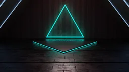 3D neon-lit triangular stage render in a dark room ideal for showcasing furniture models and products.