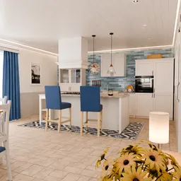 Blue and White Kitchen with Dining Area