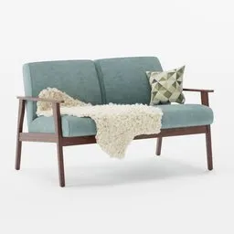 High-quality Blender 3D model of turquoise gray wooden framed sofa with sheepskin rug and geometric pillow.