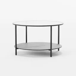 Round 3D model of a modern two-tiered black metal and glass coffee table, compatible with Blender.