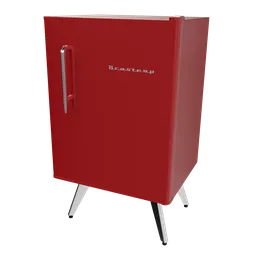 "Retro fridge 3D model for Blender 3D - perfect for restaurant and bar scenes. With a red door and handle, inspired by Buckminster Fuller's mid-century modern furniture. Vray octane and full body mascot, reminiscent of Brian Despain's artistic style."