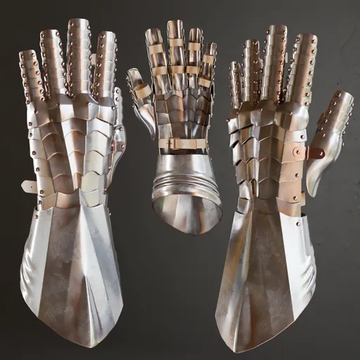 Detailed 3D model of armored gauntlets with accurate anatomy, designed for Blender, featuring high-quality metal textures and low poly count.