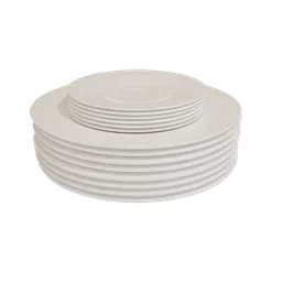 Realistic stacked white plates 3D model, compatible with Blender, for virtual scenes.