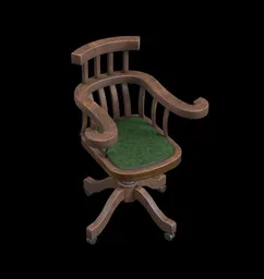 Detailed 3D model of a vintage wooden office chair with green cushion, compatible with Blender for 3D projects and renders.