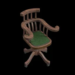 "Office chair in green with a wooden frame, rendered with ambient occlusion and fantasy game spell icon. Inspired by the Humblewood art style, its curvy build and illusory arms give it a unique appearance. Perfect for Blender 3D enthusiasts looking for a stunning addition to their collection."