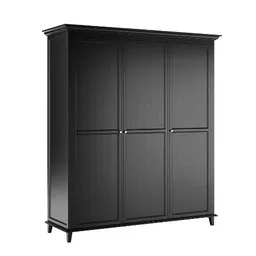 "Explore the Wardrobe Classic Style 3D model for Blender 3D - a sleek and sophisticated black cabinet with three doors and drawers. This ultra-detailed furniture piece features a steel gray body, single long stick, and pop japonisme design. Get a full-length and side view profile of this technological longcoat for your design projects."
