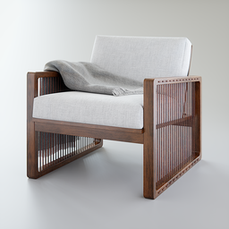 "Discover the stylish Harp Armchair, designed and manufactured by Sier. With a cozy blanket draped over its tropical wood frame, this BlenderKit 3D model features intricate webbing and is inspired by the art of Sesshū Tōyō. Perfect for any 3D furniture project in Blender 3D."