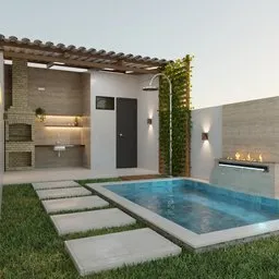 Detailed 3D-rendered poolside scene with modern amenities, perfect for creative Blender projects.