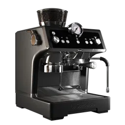 "Realistic Espresso Machine for Blender 3D: A close-up of the sleek black lioness-inspired coffee machine with a cup on top. Perfect for kitchen appliance 3D modeling projects, it features intricate details, including the star sparkle and award-winning design reminiscent of Ludolf Bakhuizen's masterstroke. Get this captivating espresso machine model from BlenderKit."
