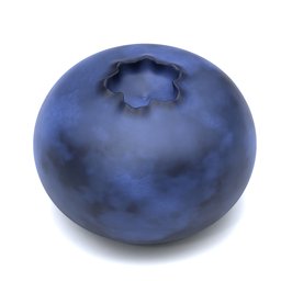 "3D Blueberry model created using Blender 3D software. Depicted on a white surface, the blueberry is centered and features unsaturated, violet skin and blue clothing. Perfect for incorporating into fruit and vegetable-themed projects."