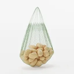 "High-quality 3D render of a carrying net filled with potatoes on a white background. Perfect for Blender 3D models and vegetable category projects."