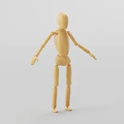 Wooden articulated mannequin 3D model, ideal for Blender animation, game development, and artistic reference.