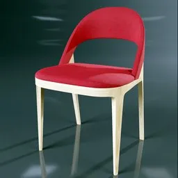 "Award-winning Clamp Chair 3D model for Blender 3D - slim, gazelle-like design with red seat and white wooden frame. Created with traditional craftsmanship and modern machinery, the chair features elongated arms and a strong grain finish. Perfect for product design and interior renders."