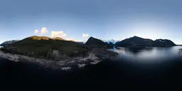 360-degree HDR panorama featuring serene sunset over mountains and a reflective lake for realistic scene lighting